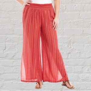 Wonderly Red White Metallic Gold Stripe Wide Leg Cropped Split Hem Palazzo Pants